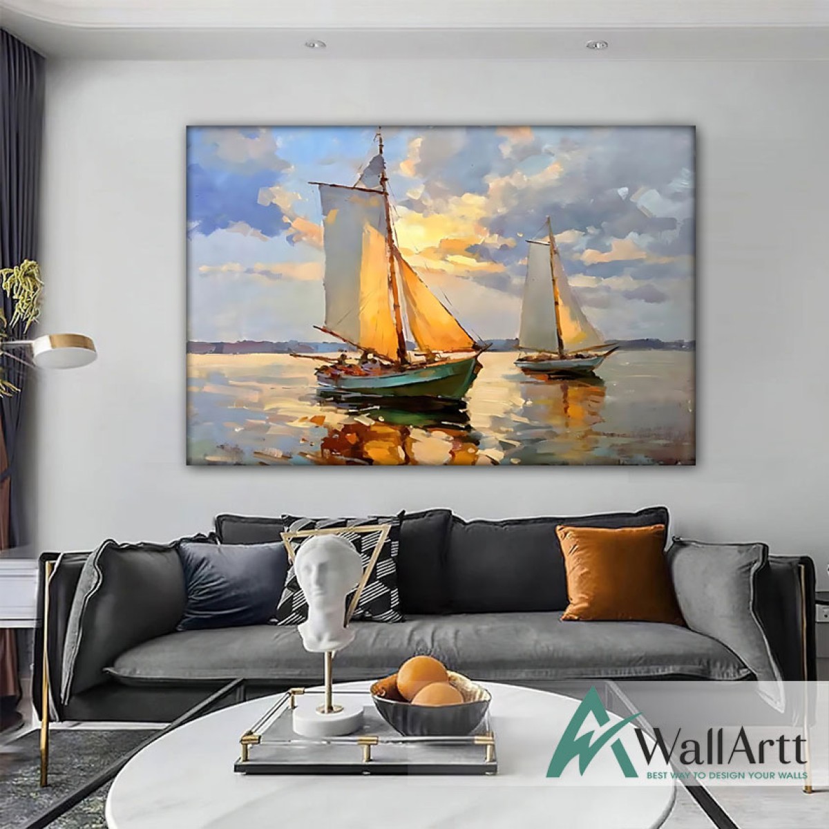 Sailboats at Sunset Textured Partial Oil Painting - Wall Art